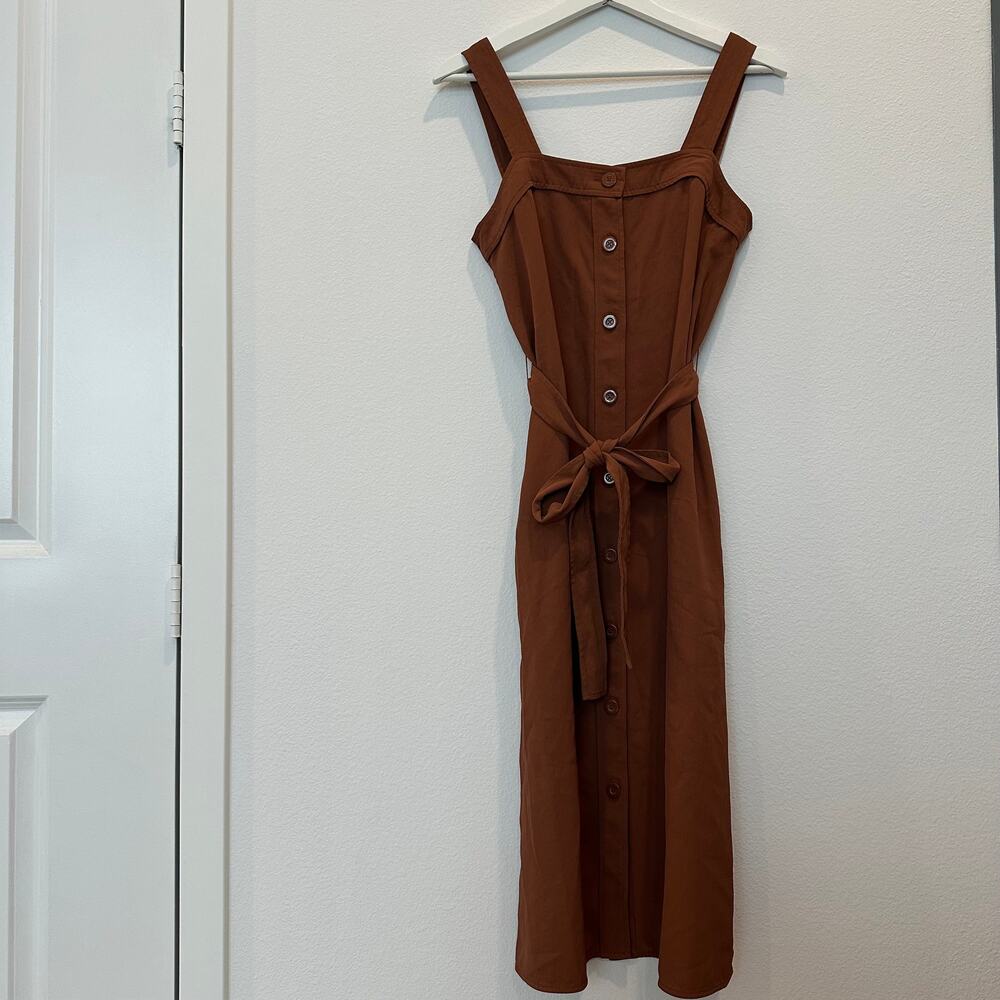 Everlane The Japanese Go Weave Picnic knee-length brown button up self-tie dress - Picture 2 of 8